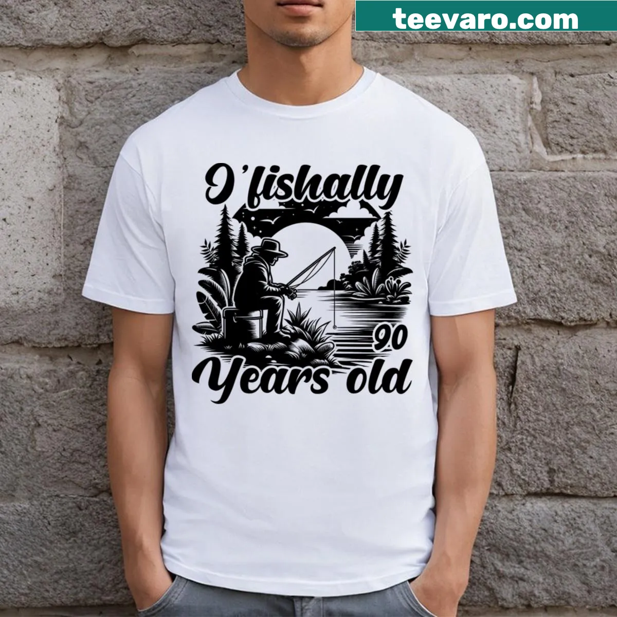 T-shirt with the phrase 'Ofishally 90 Year Old' for a fishing enthusiast — on a men's t-shirt