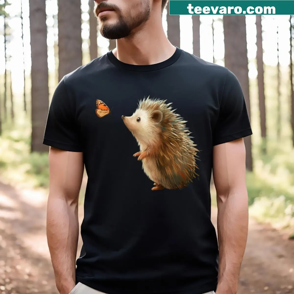 T-shirt with whimsical hedgehog illustration and text — on a men's t-shirt