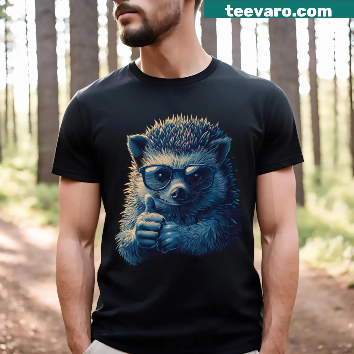 Cute hedgehog illustration with 'Peace Love' text on T-shirt — on a men's t-shirt