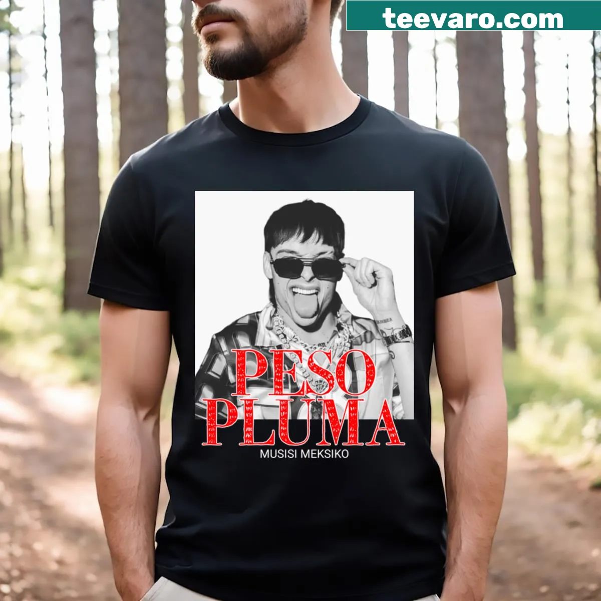 Minimalist T-shirt with bold text 'Peso Pluma' — on a men's t-shirt