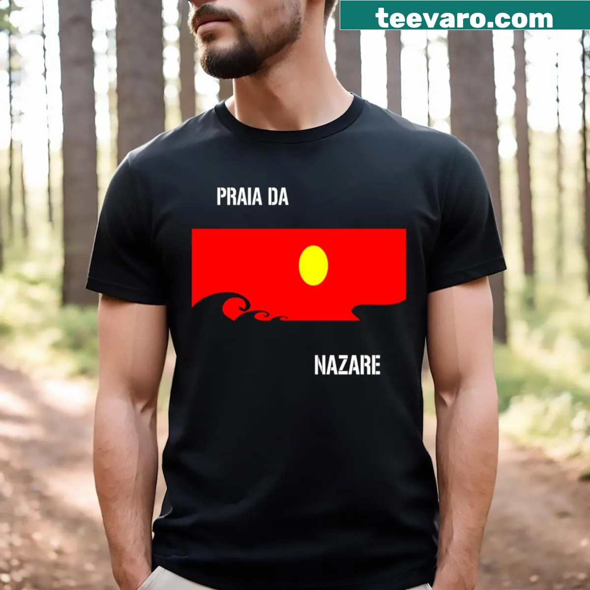 Illustrative T-shirt featuring Praia Da Nazare beach scene — on a men's t-shirt