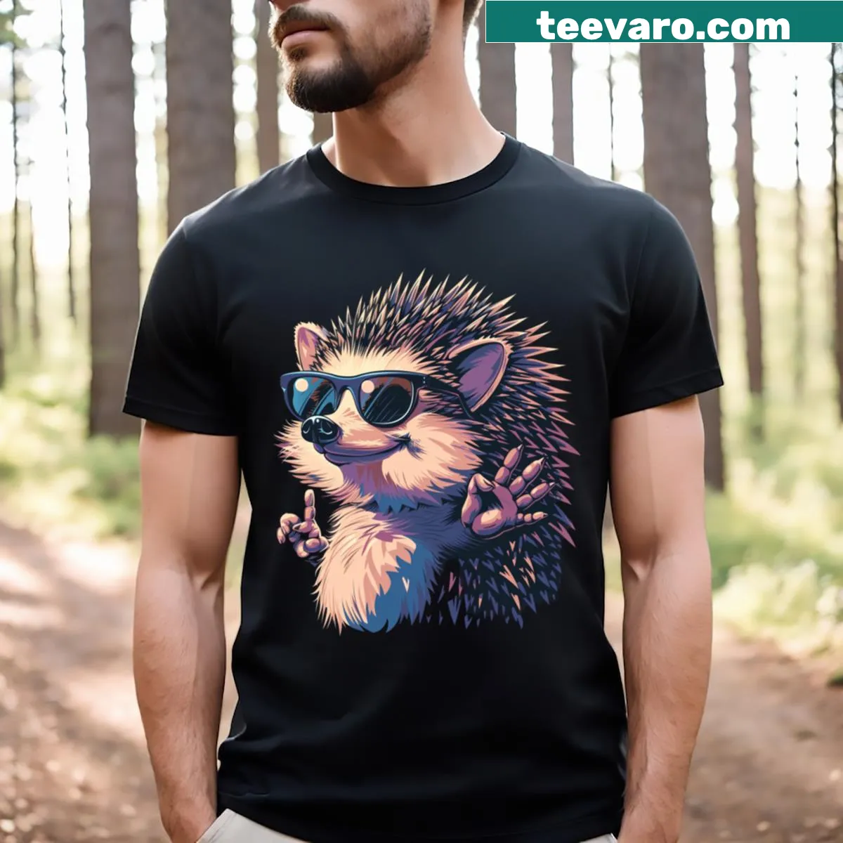 Illustrated hedgehog with quilled patterns on a whimsical t-shirt — on a men's t-shirt