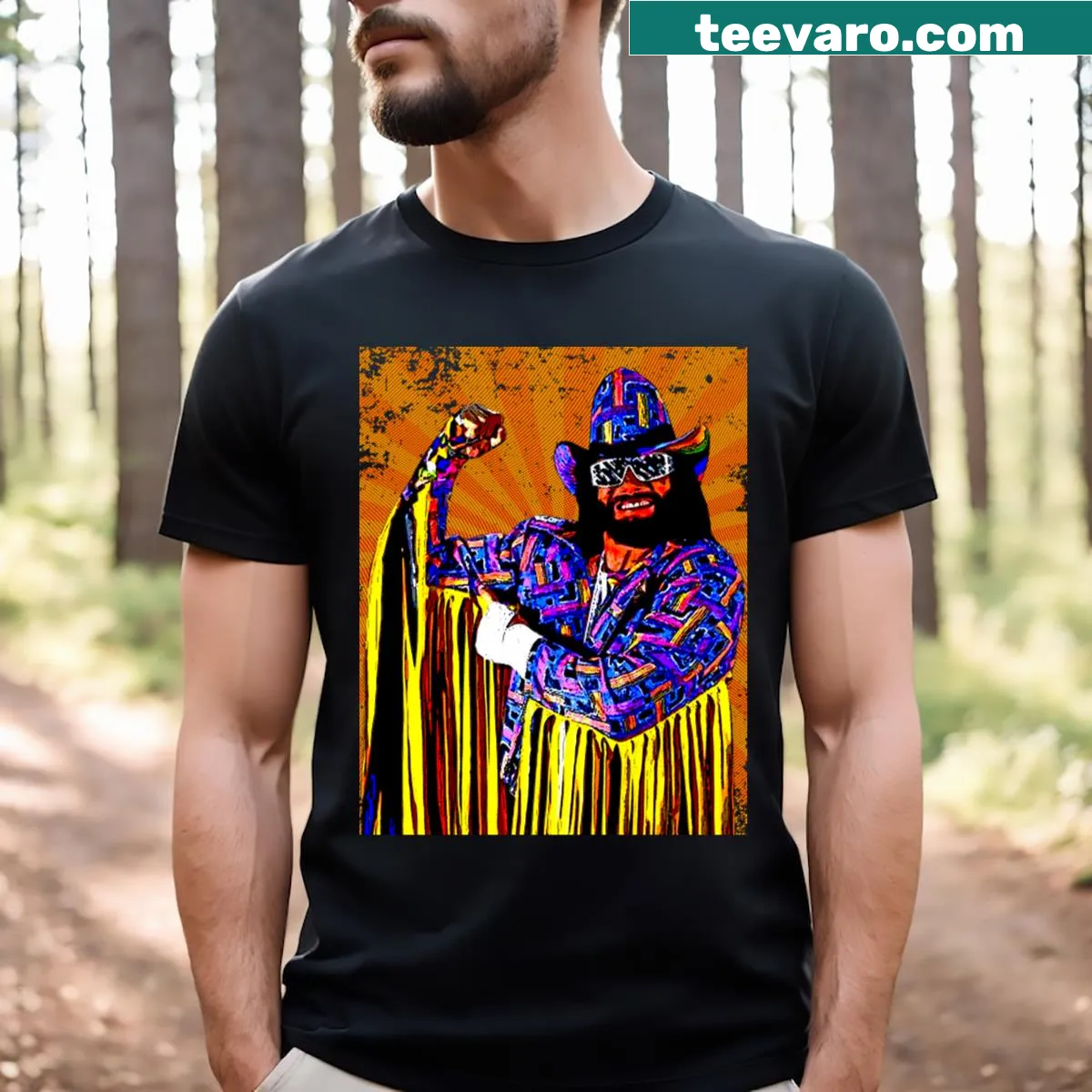 Retro comic style T-shirt featuring Randy Savage — on a men's t-shirt