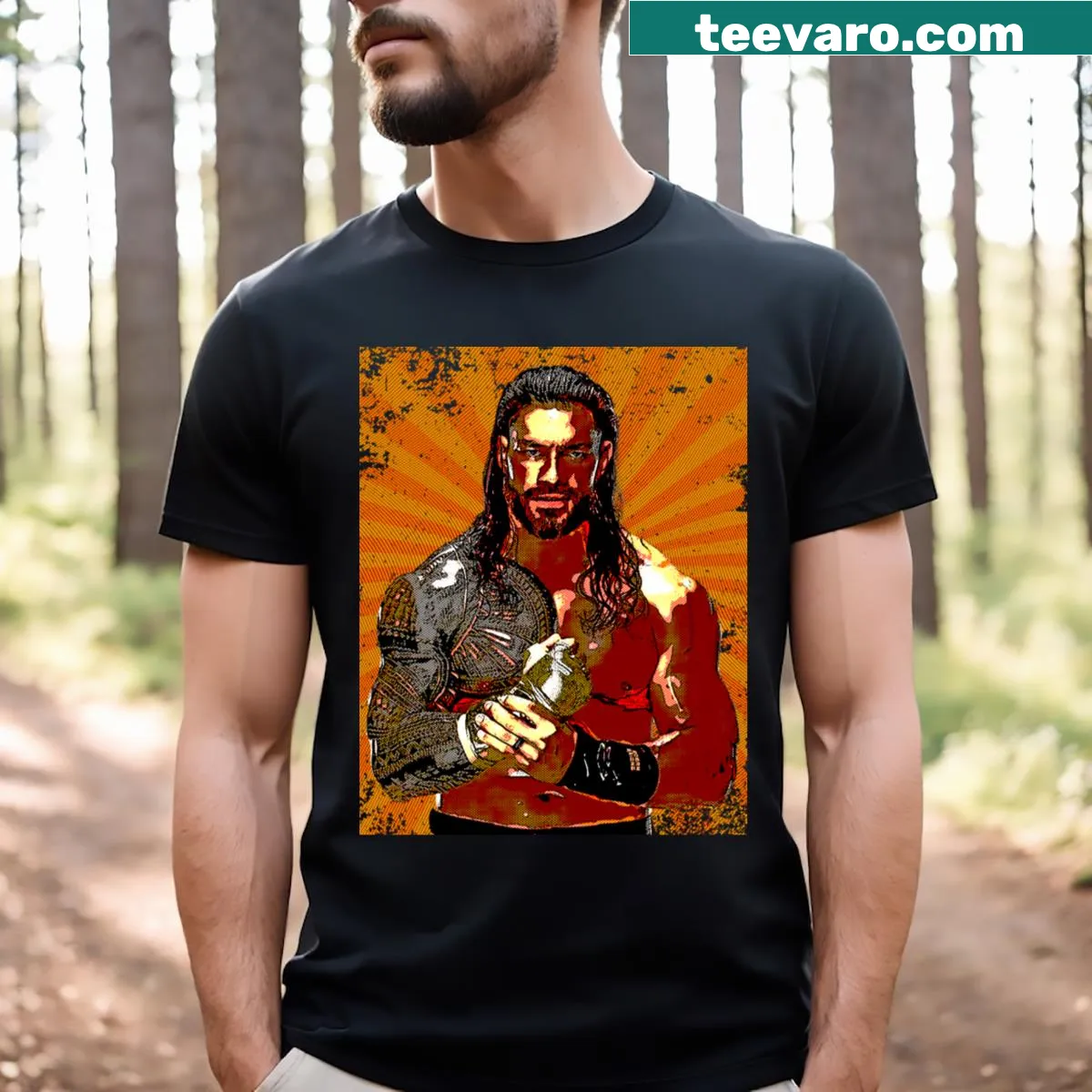 Retro comic-style Roman Reigns T-shirt — on a men's t-shirt