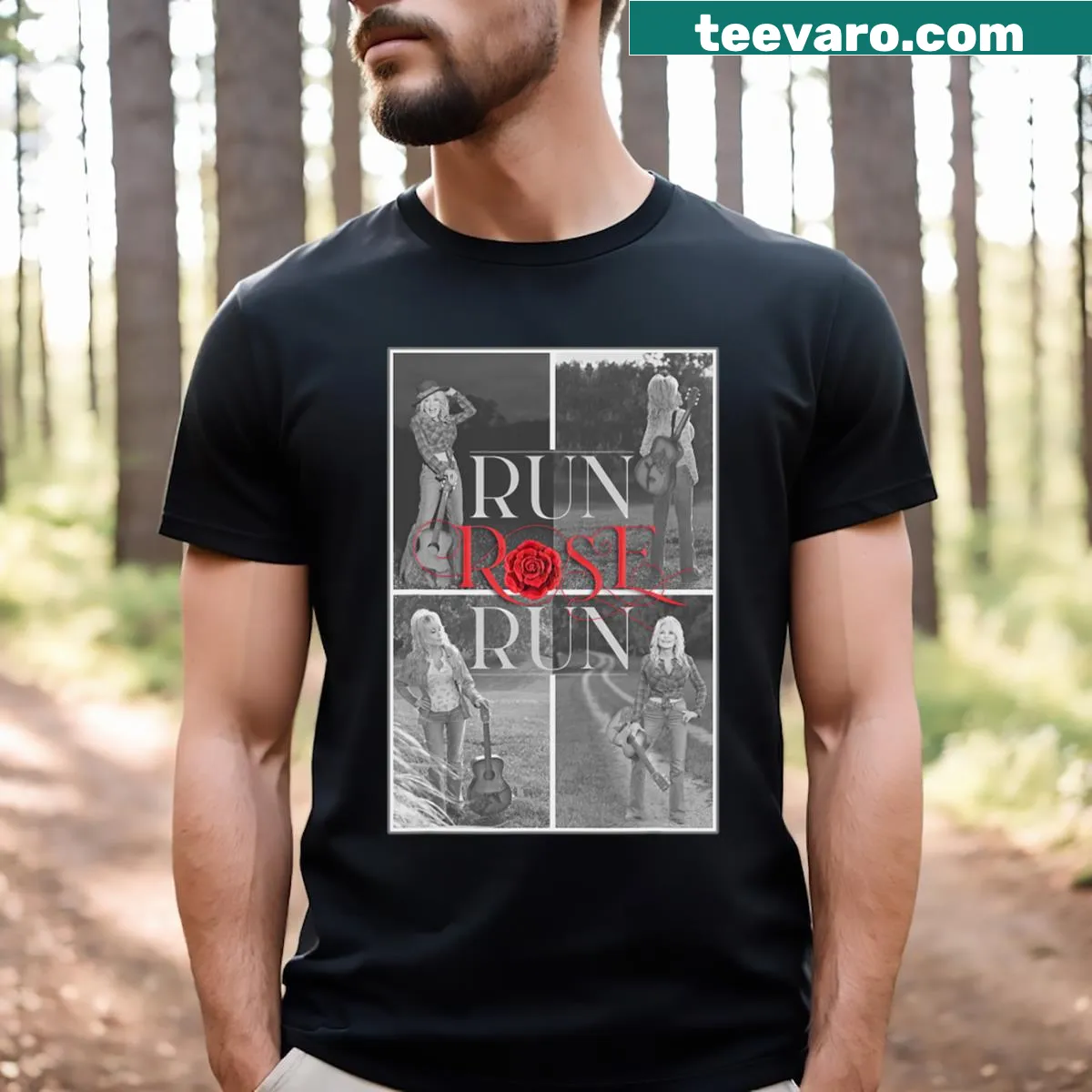 Vintage black t-shirt with distressed 'Run' graphic — on a men's t-shirt