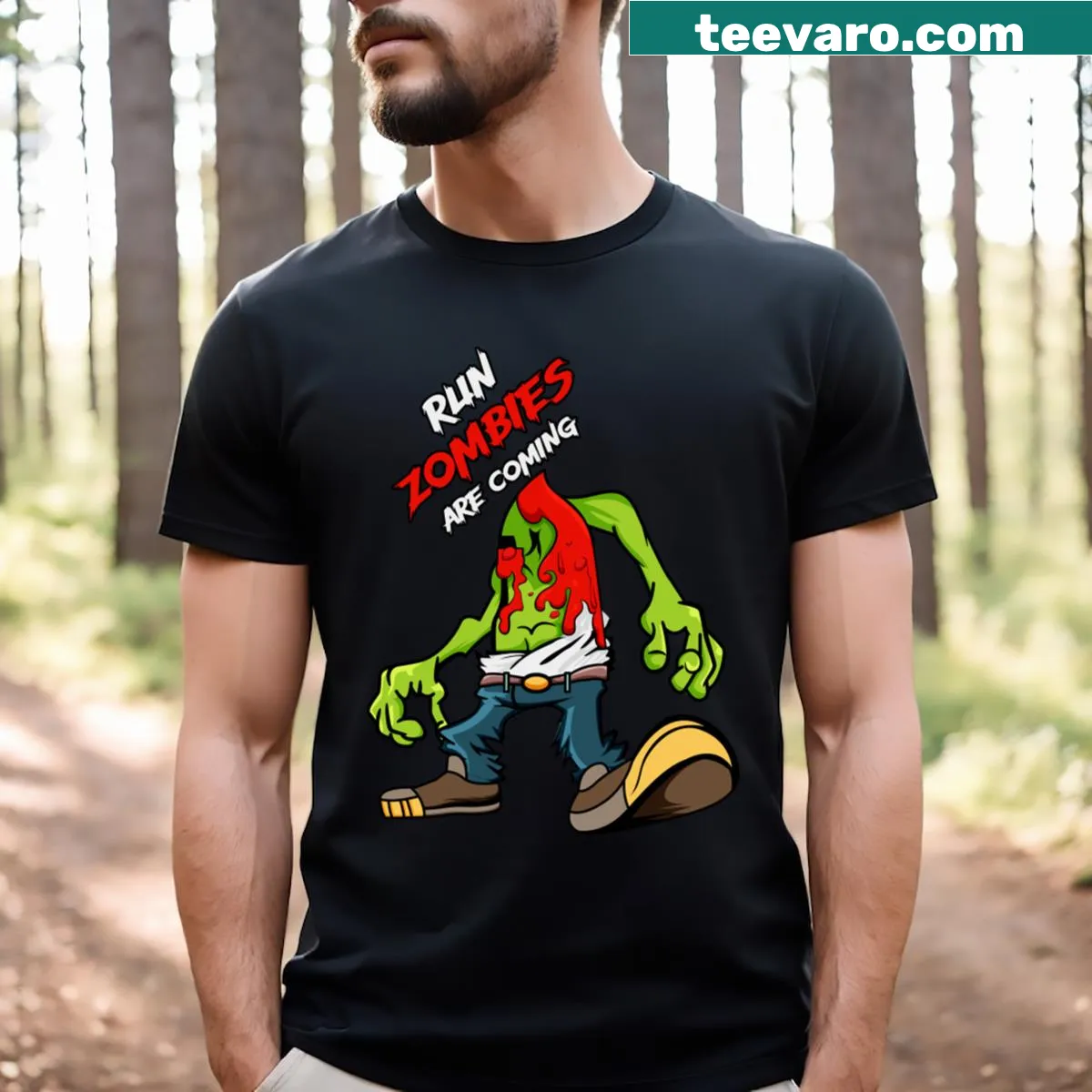 Run! Zombies Are Coming t-shirt with urgent graphic design. — on a men's t-shirt