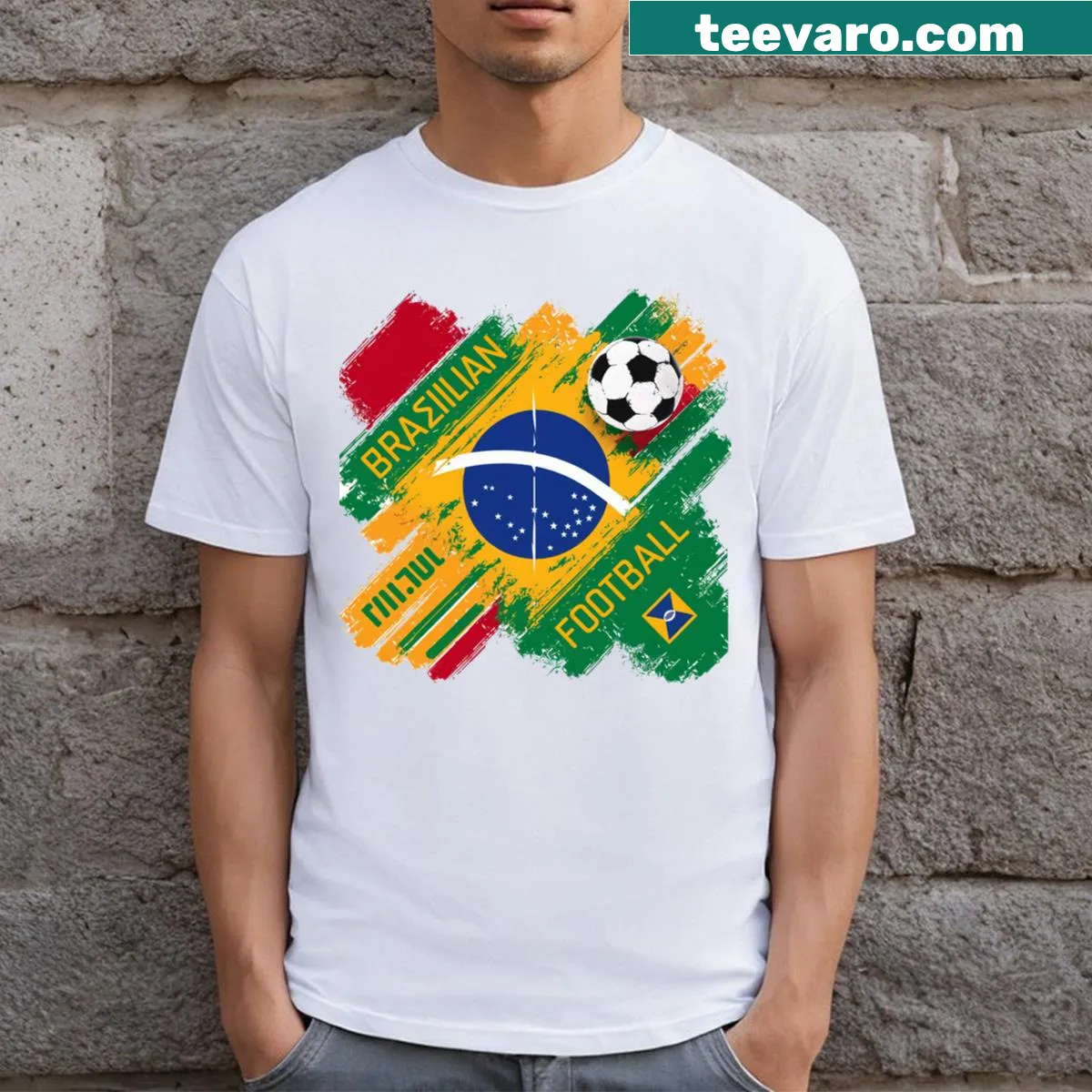 Illustration celebrating Brazil football with samba spirit — on a men's t-shirt