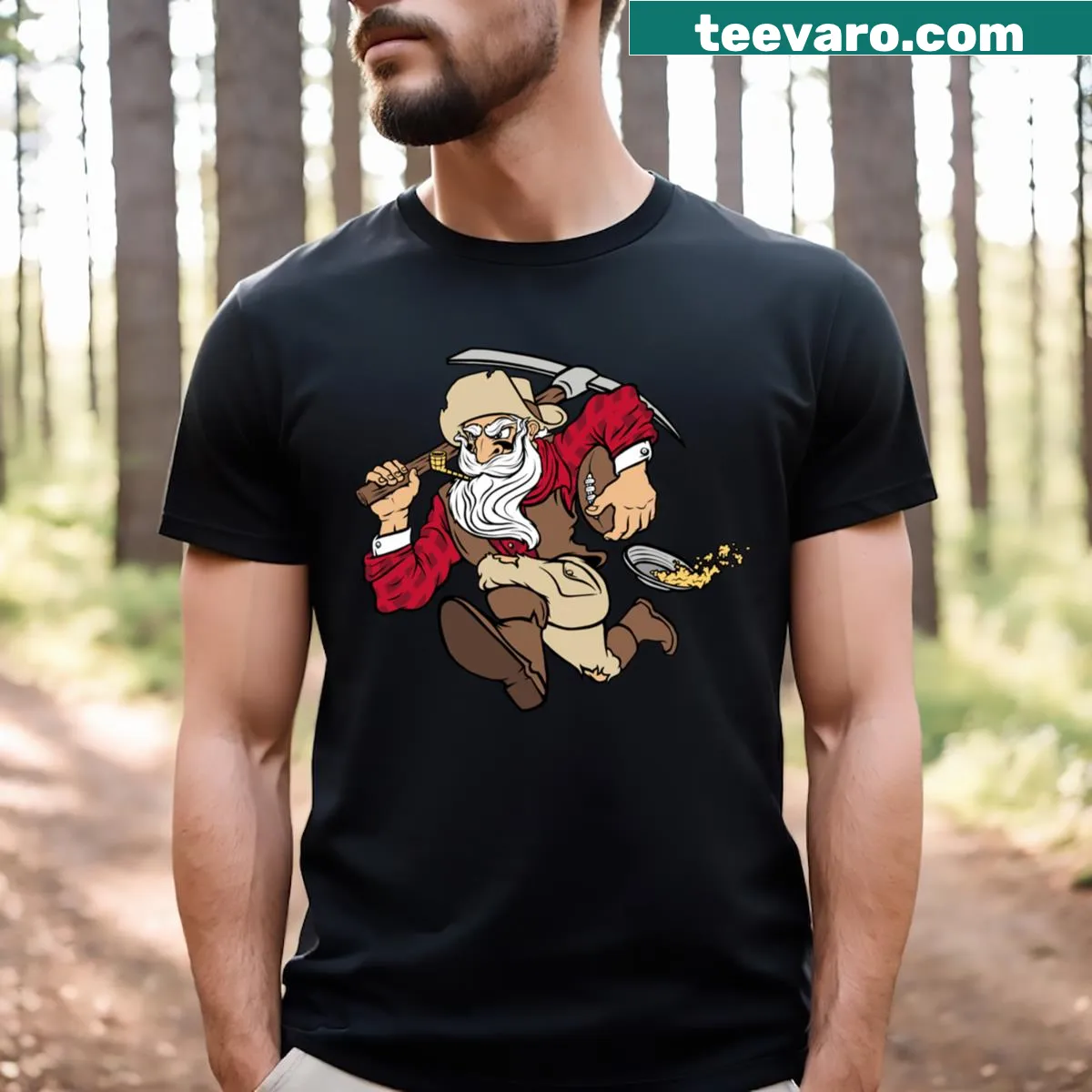 San Francisco 49ers themed t-shirt with a miners gold rush illustration — on a men's t-shirt