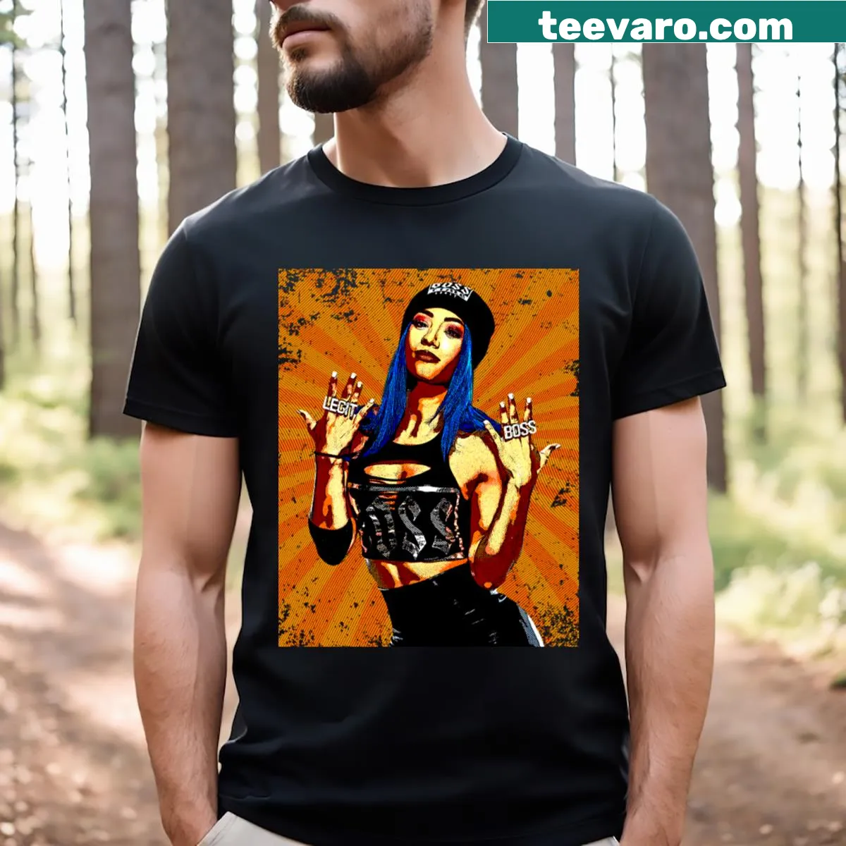 Retro comics-style T-shirt featuring Sasha Banks — on a men's t-shirt