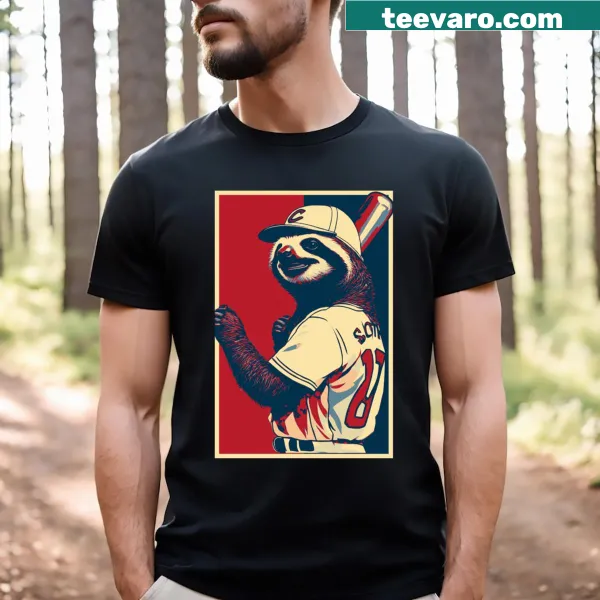Illustration of a sloth baseball player cartoon on a t-shirt