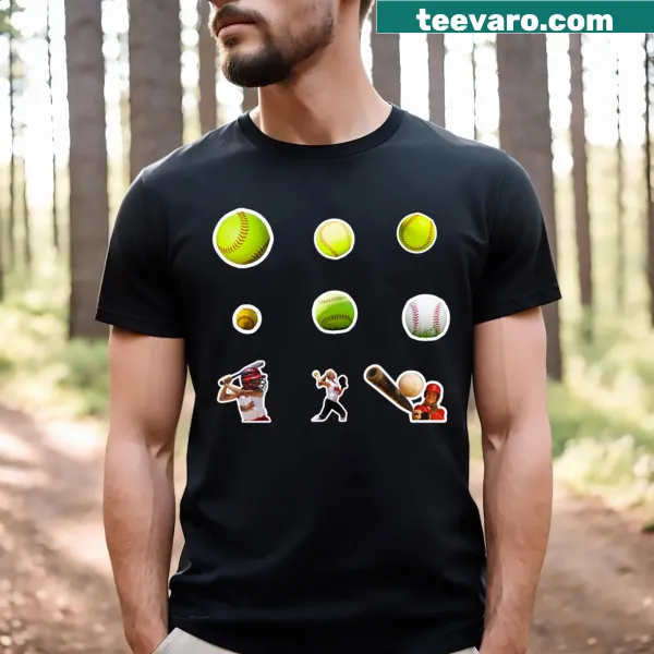 T-shirt featuring playful illustrations of softball-themed stickers