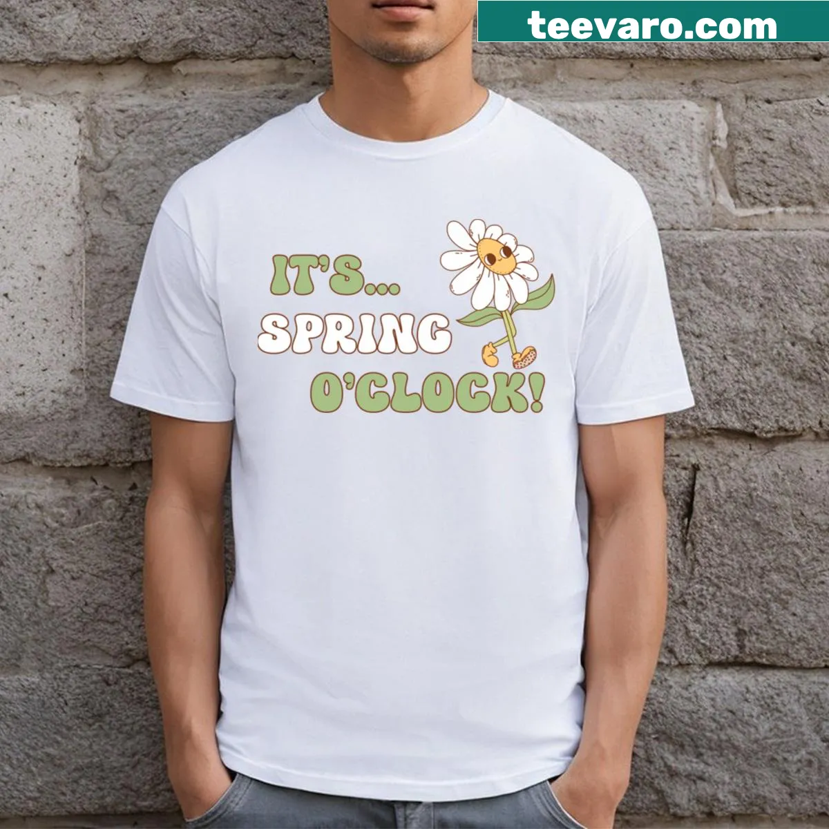 Witty Spring O'clock t-shirt with playful typography — on a men's t-shirt