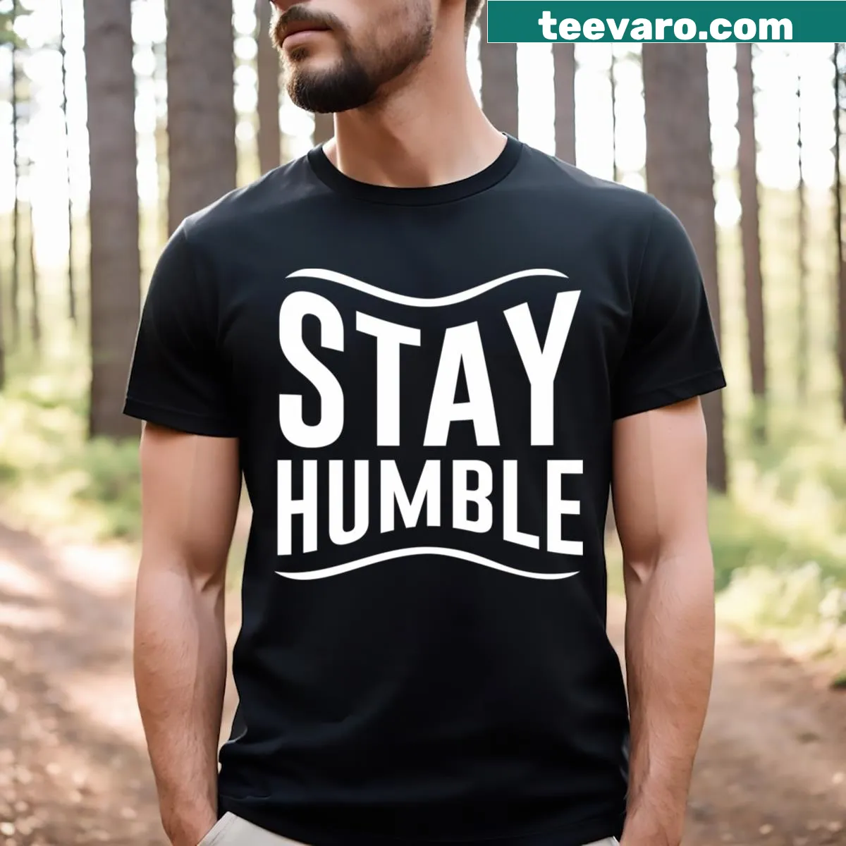 Stay Humble t-shirt with simple typography message — on a men's t-shirt