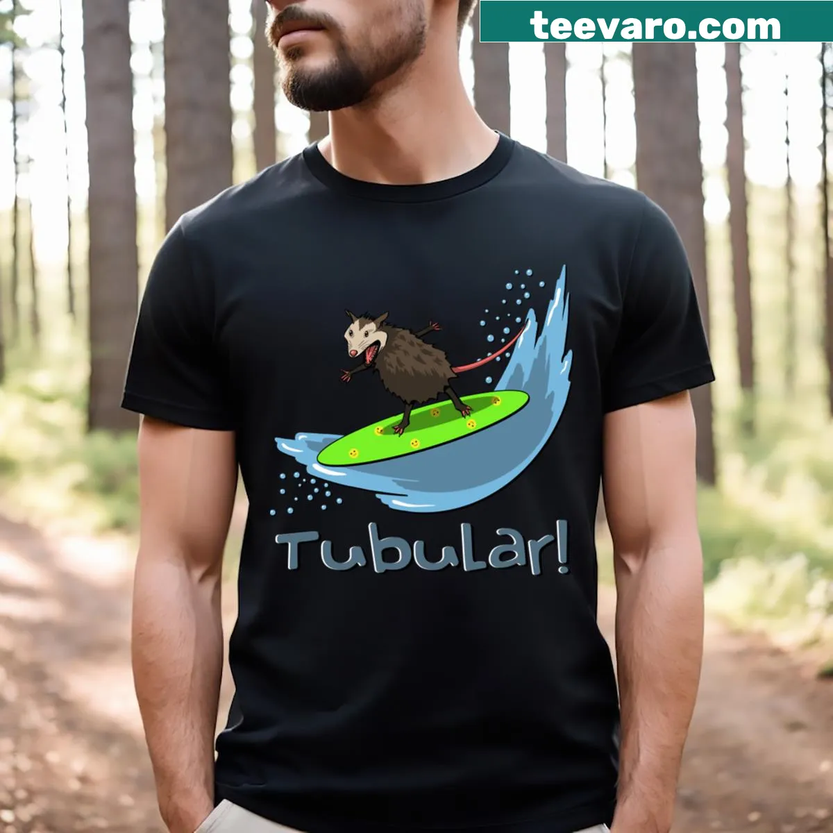 Cartoon opossum surfing in a tubular pose on a t-shirt — on a men's t-shirt