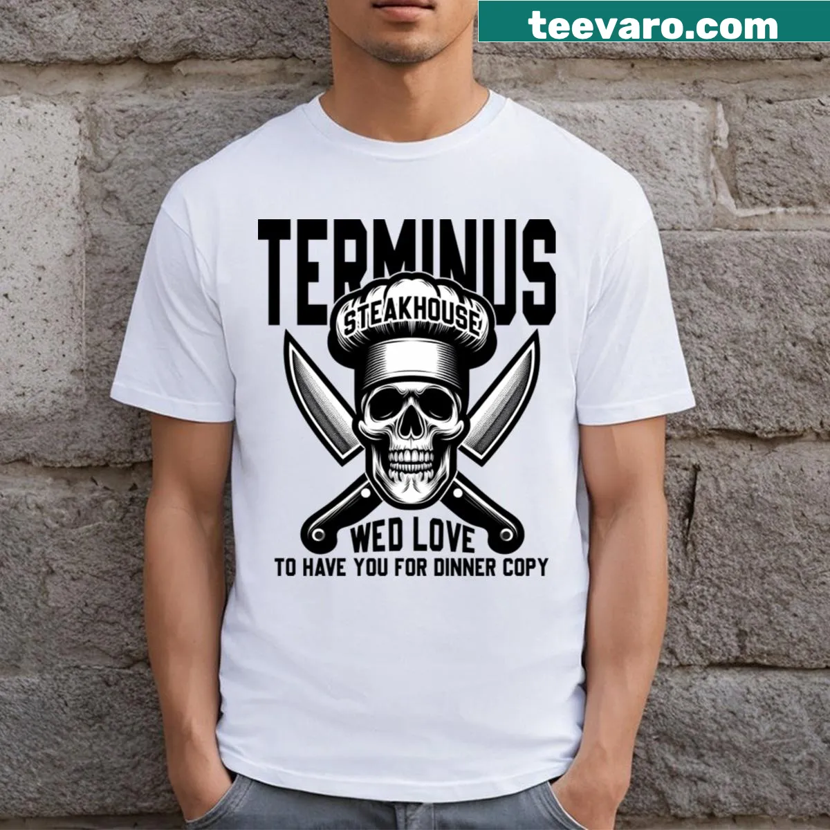 T-shirt with humorous text inviting you to dinner at Terminus Steakhouse — on a men's t-shirt