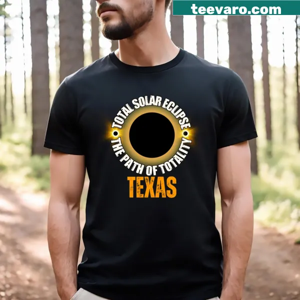 Illustrative t-shirt celebrating the Texas Total Solar Eclipse with cosmic themes.