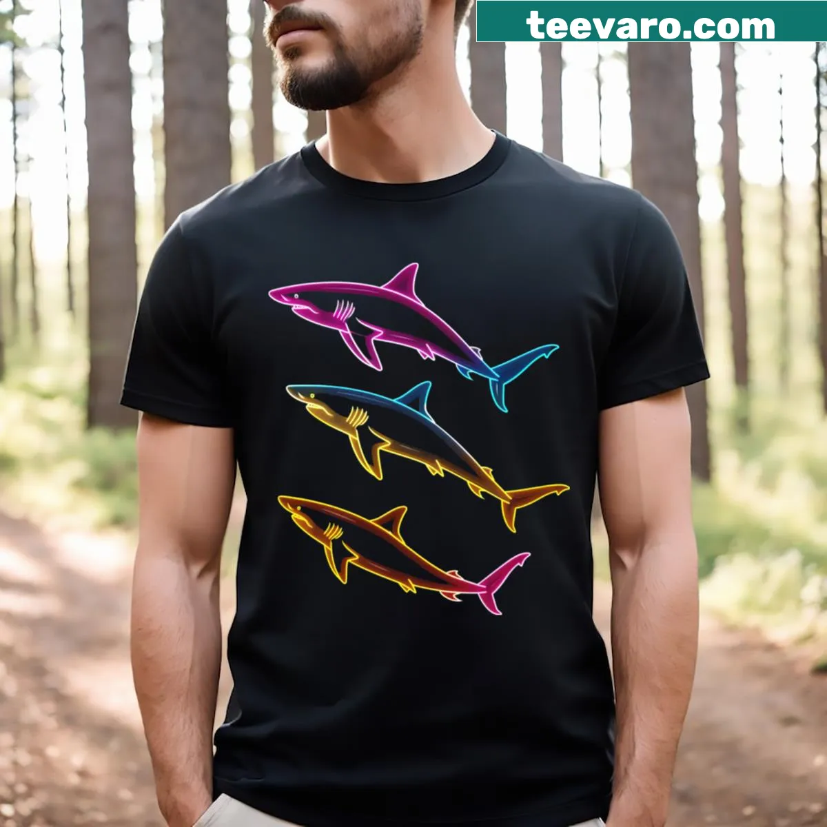 Illustrative T-shirt featuring fast sharks in a dynamic design — on a men's t-shirt