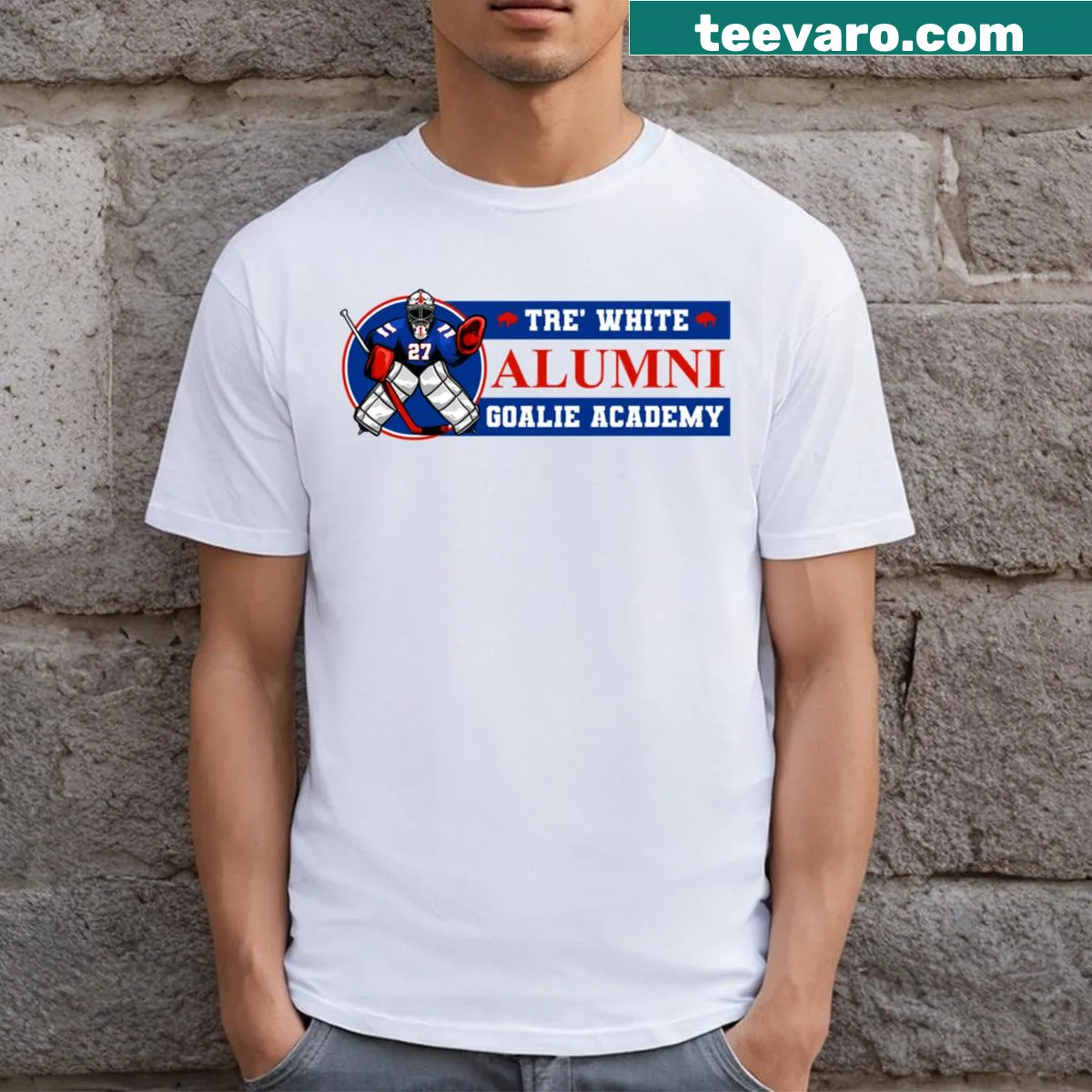Tre White Goalie Academy T-shirt with bold academy text design — on a men's t-shirt