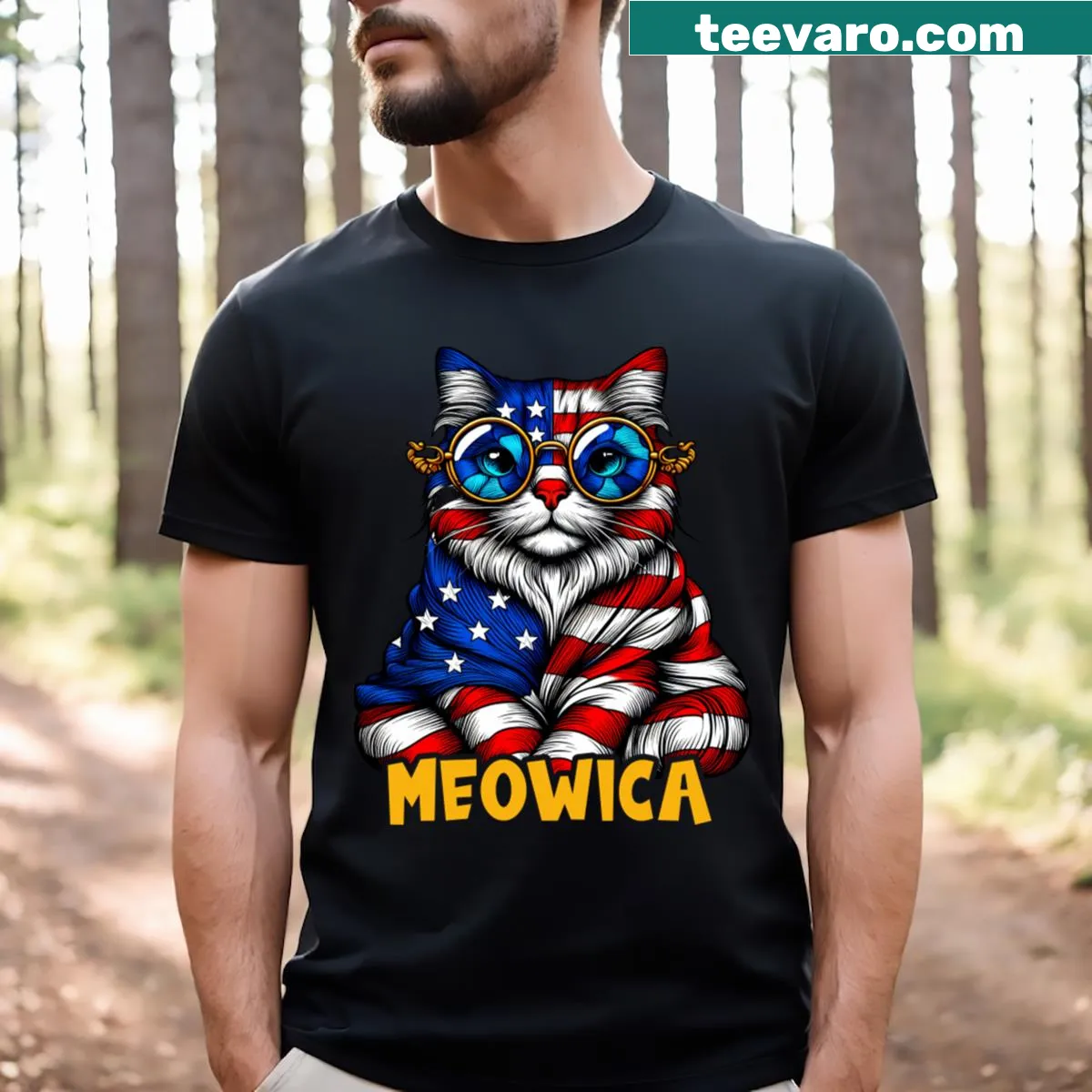 Illustrated cat with American flag on a patriotic-themed t-shirt — on a men's t-shirt