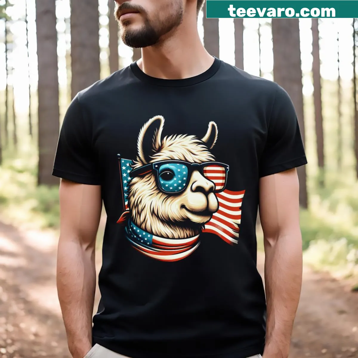 Cute cartoon llama in patriotic colors on a t-shirt — on a men's t-shirt