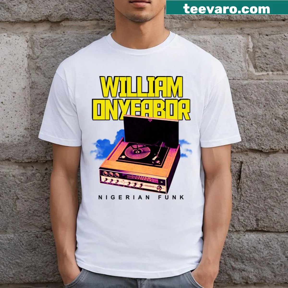 Retro t-shirt celebrating William Onyeabor and 80s music — on a men's t-shirt