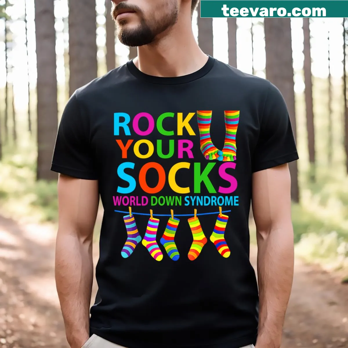 World Down Syndrome Day T-shirt with Rock Your Socks design — on a men's t-shirt