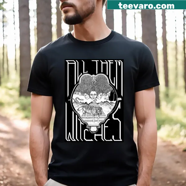 T-shirt with design celebrating witches featuring whimsical illustrations.