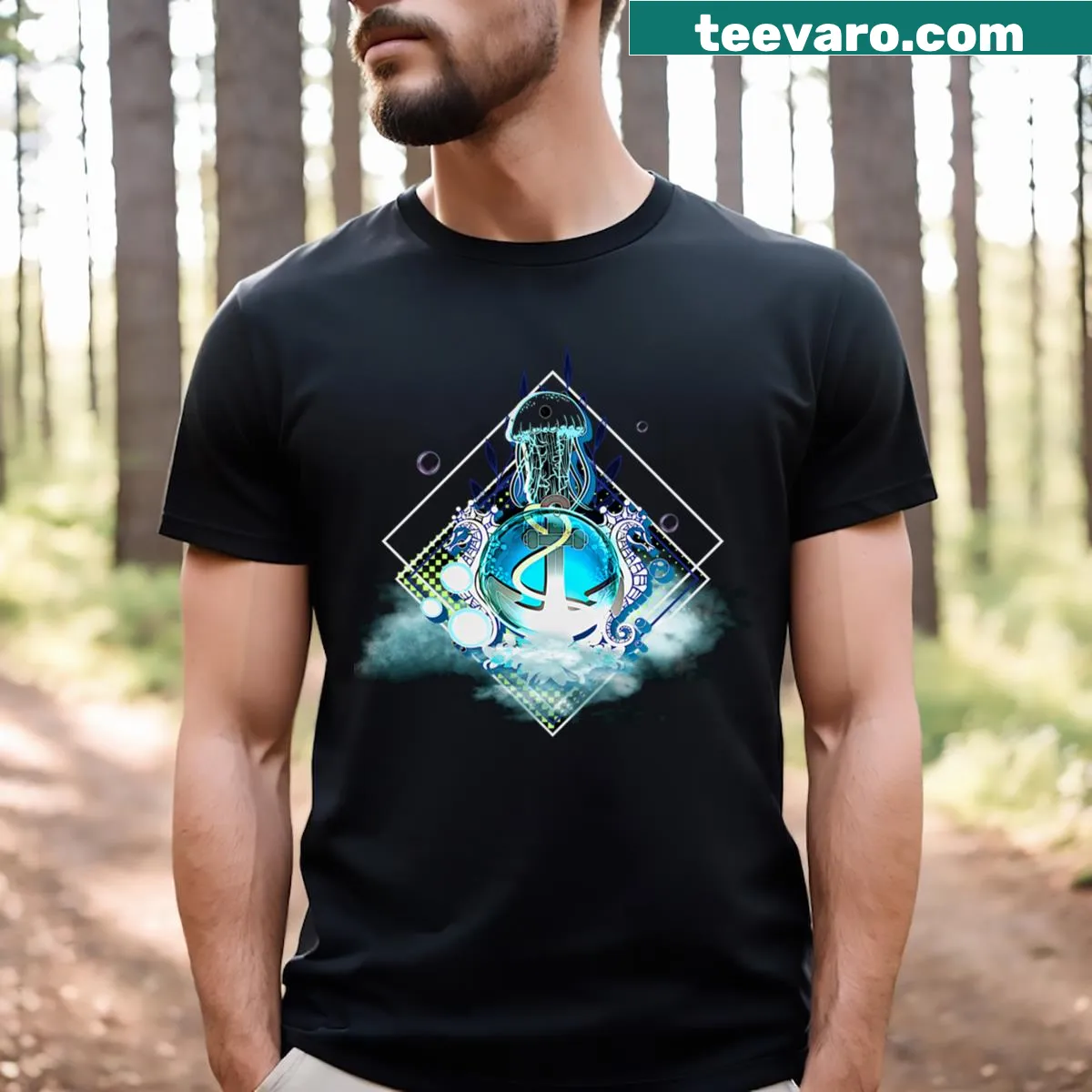T-shirt with an anchor and seahorse illustration celebrating marine life. — on a men's t-shirt