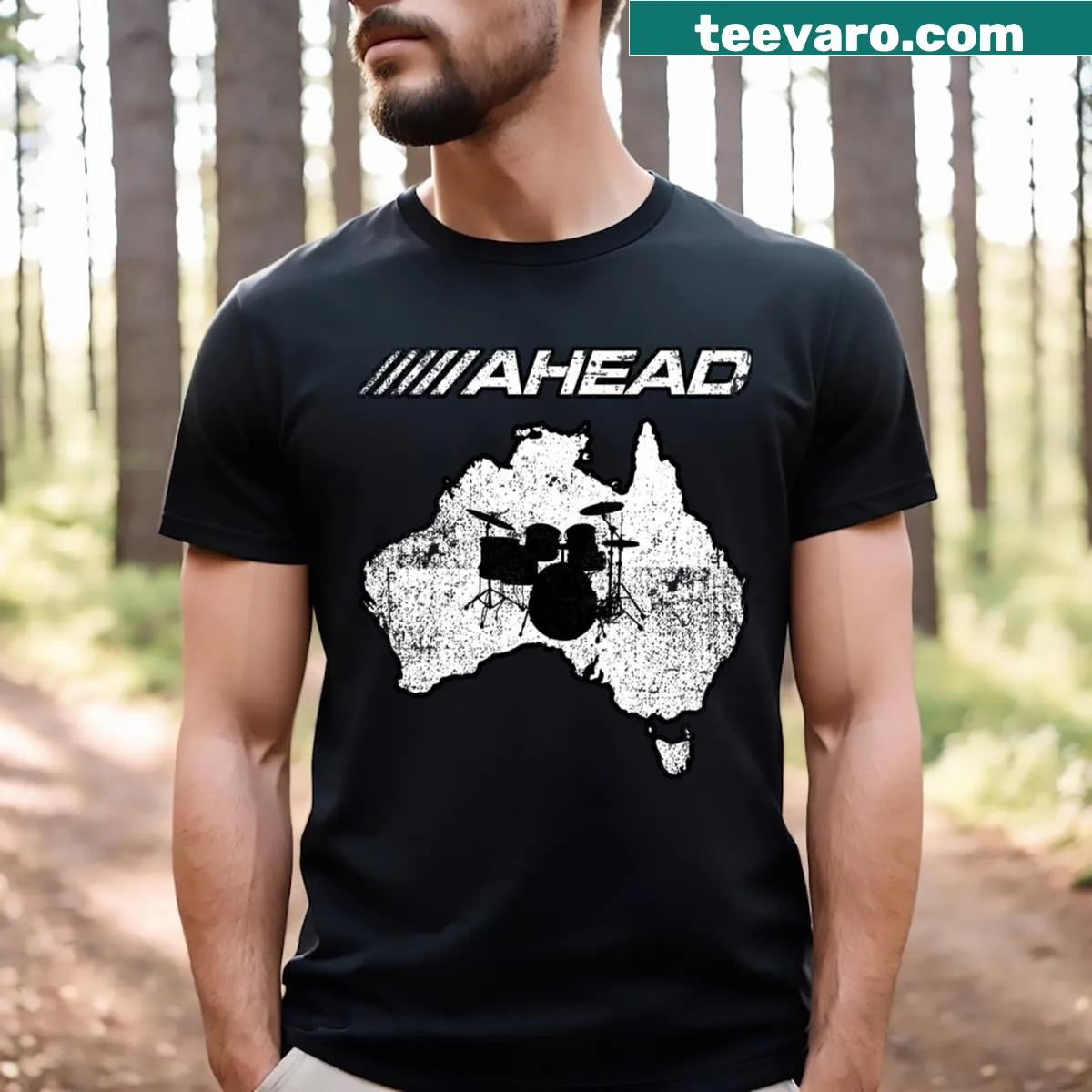 Australian map with drummer graphic t-shirt — on a men's t-shirt