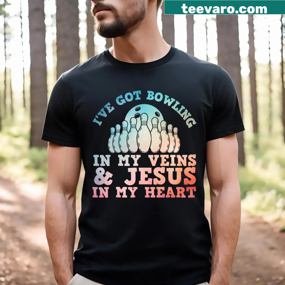 Bowling-themed t-shirt with Christian elements and inspirational design. — on a men's t-shirt