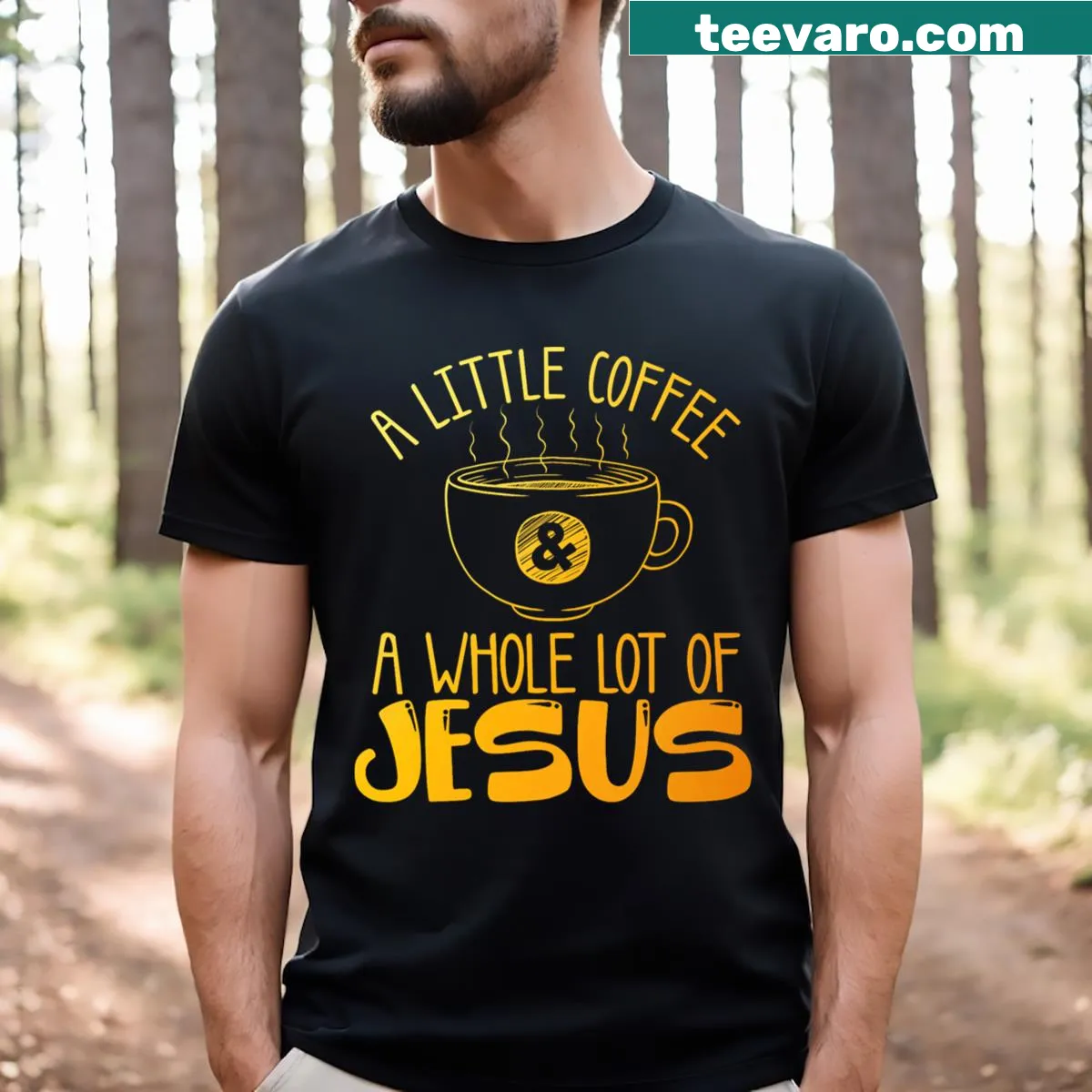 Jesus-themed coffee lover t-shirt for men with inspirational design — on a men's t-shirt