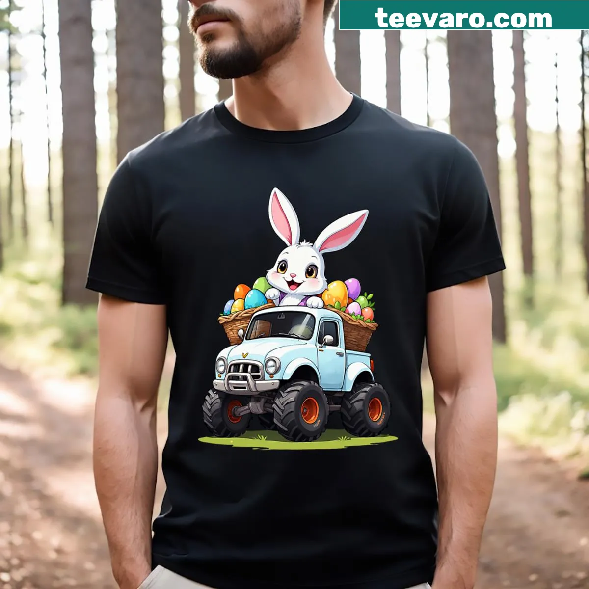 Cartoon bunny in a monster truck with Easter eggs on a toddler T-shirt — on a men's t-shirt