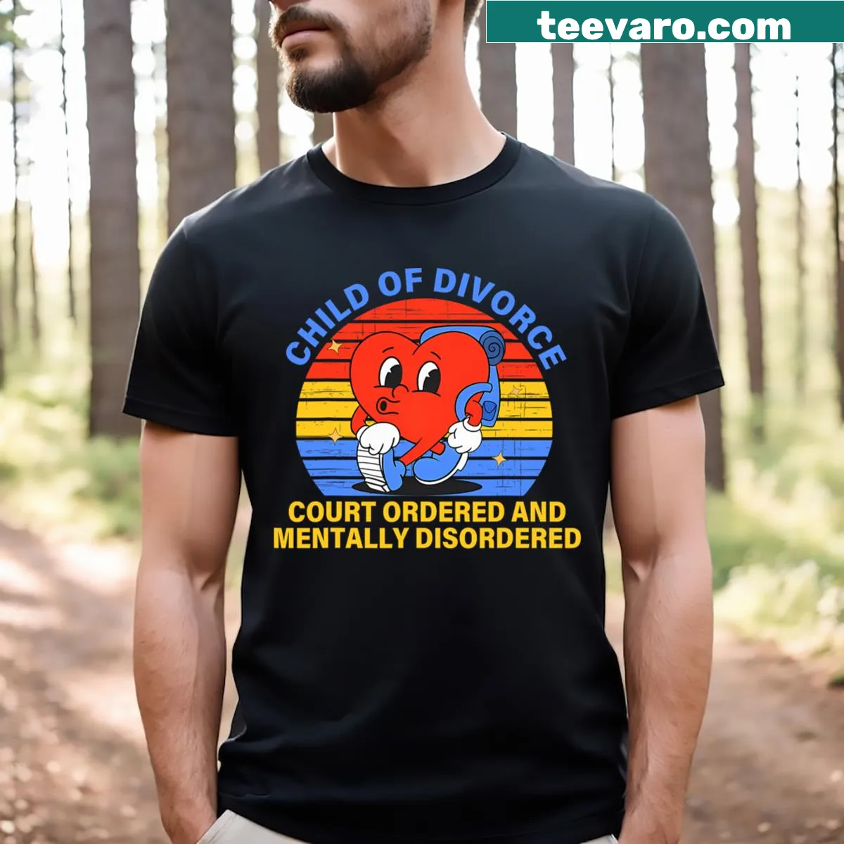 Sarcastic T-shirt with the phrase 'Child Of Divorce Court Ordered And Mentally Disordered.' — on a men's t-shirt
