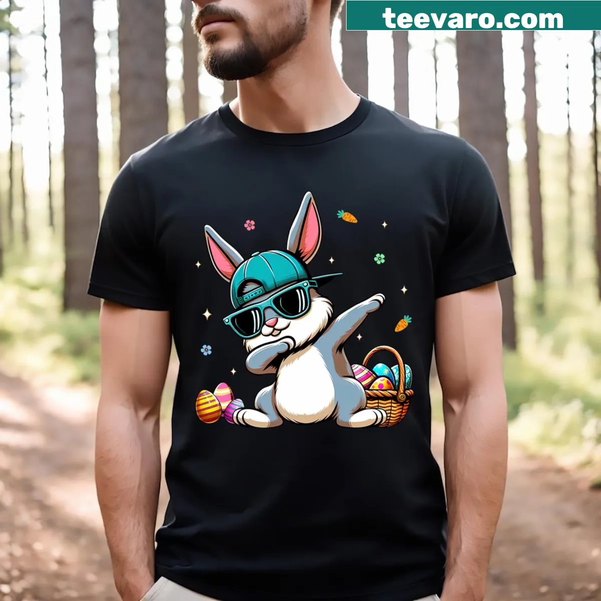 Cartoon dabbing rabbit graphic for kids' Easter t-shirt — on a men's t-shirt