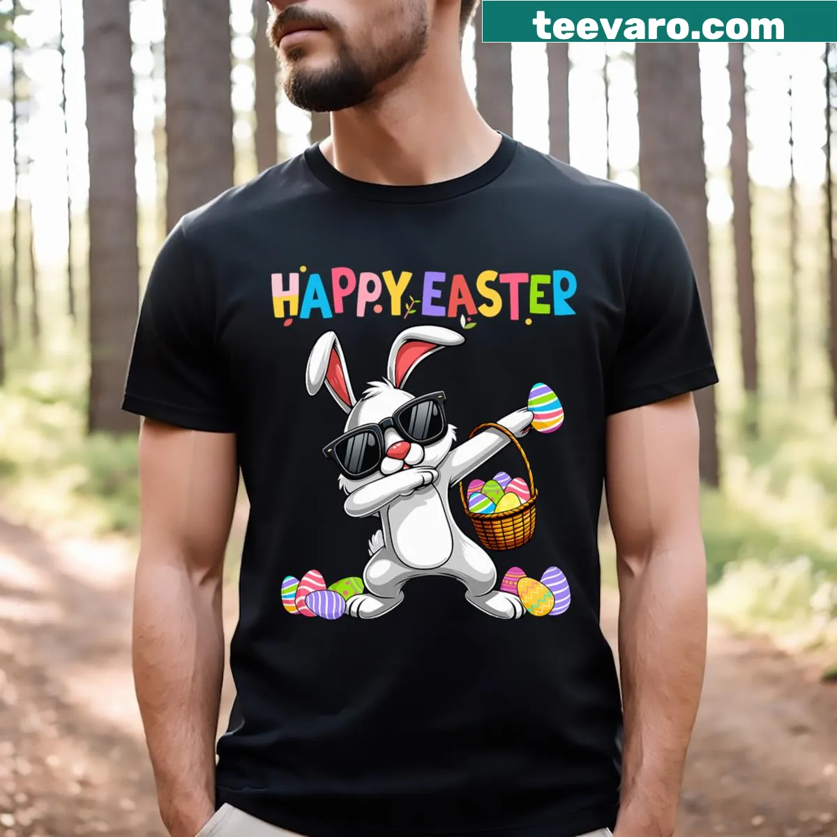 Cartoon bunny dabbing with Easter eggs design for kids — on a men's t-shirt