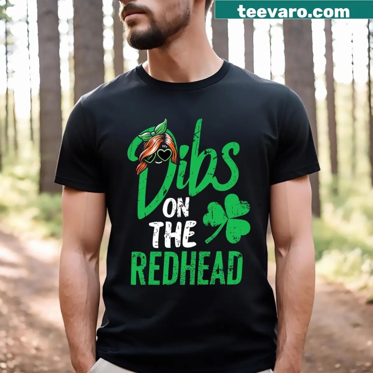 Funny St. Patrick's Day t-shirt with 'Dibs On The Redhead' text — on a men's t-shirt