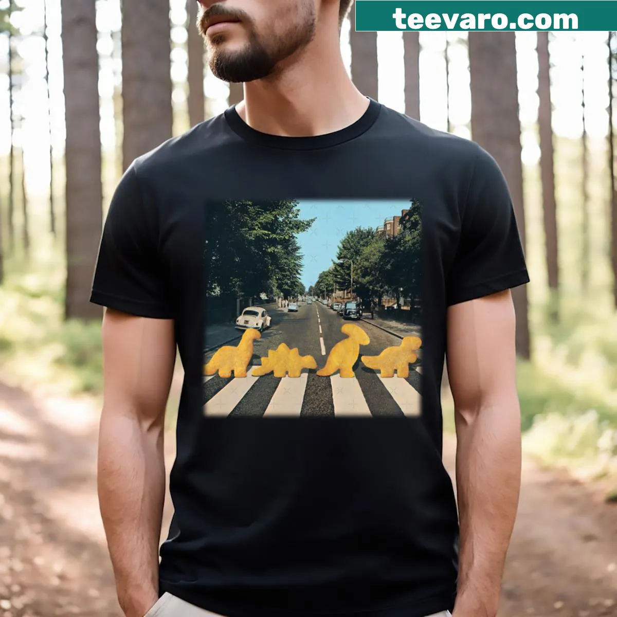 Cartoon dinosaurs and chicken nuggets design on a t-shirt — on a men's t-shirt