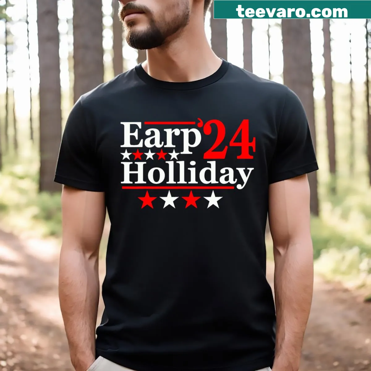 Funny parody Western T-shirt featuring Earp Holliday for the 2024 election — on a men's t-shirt