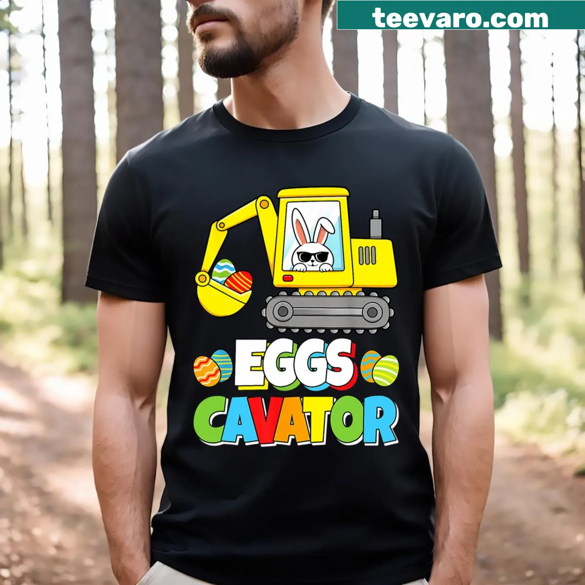 Funny Eggs Cavator T-shirt for kids with bunny excavator graphic — on a men's t-shirt