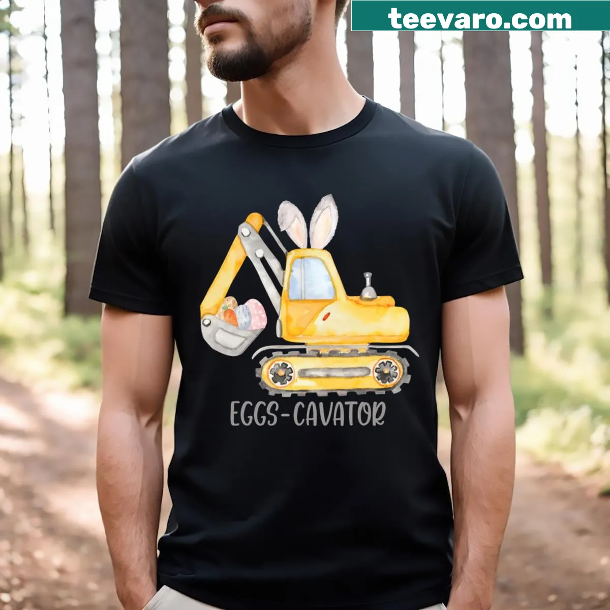 Funny Eggs Cavator T-shirt for kids with cartoon excavator graphic — on a men's t-shirt