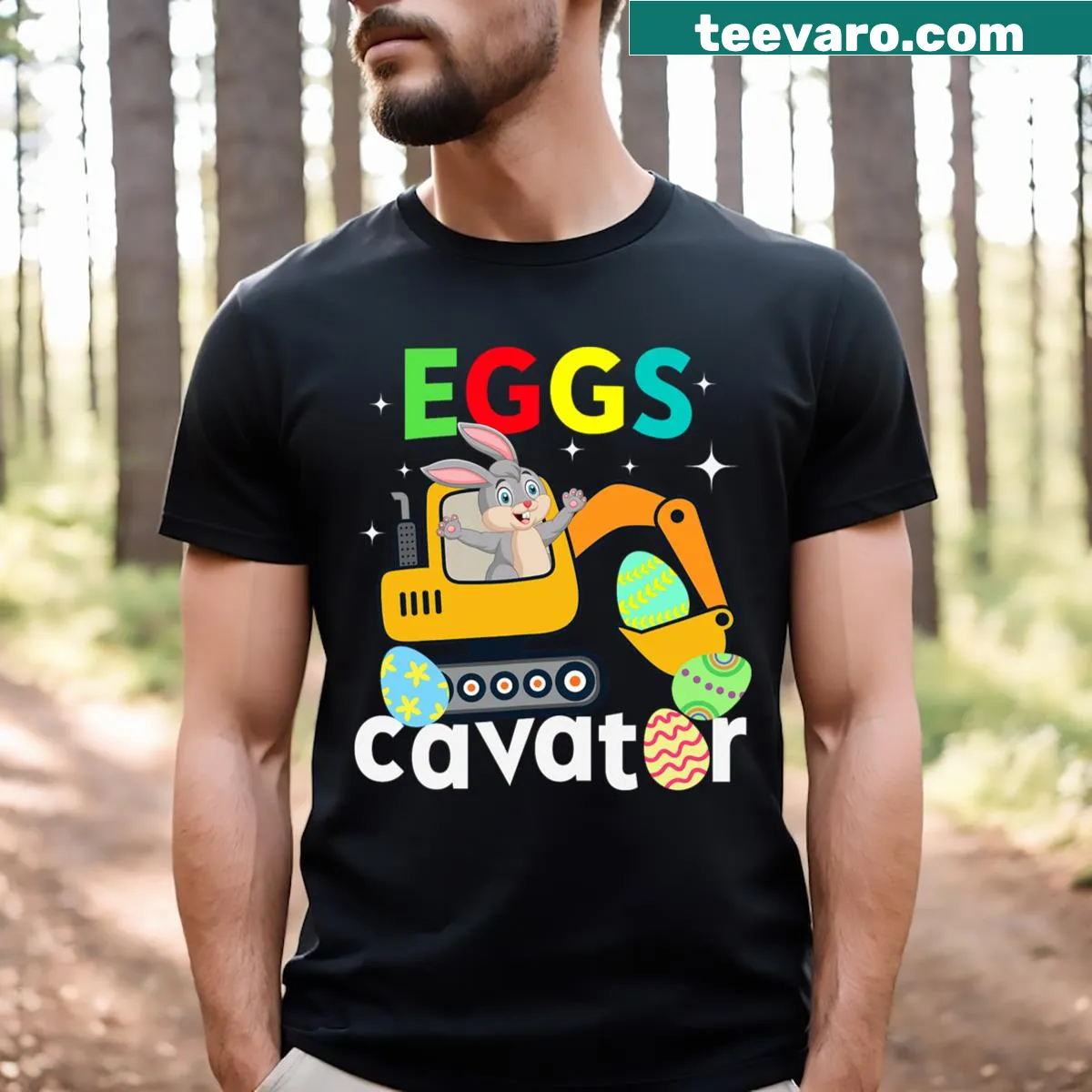 Funny Eggscavator T-shirt for toddlers with construction truck graphic — on a men's t-shirt
