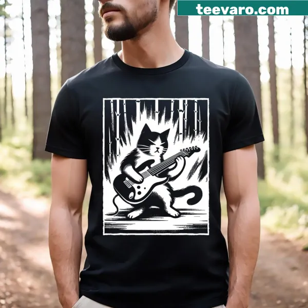 Funny illustration of a cat playing electric guitar on a T-shirt