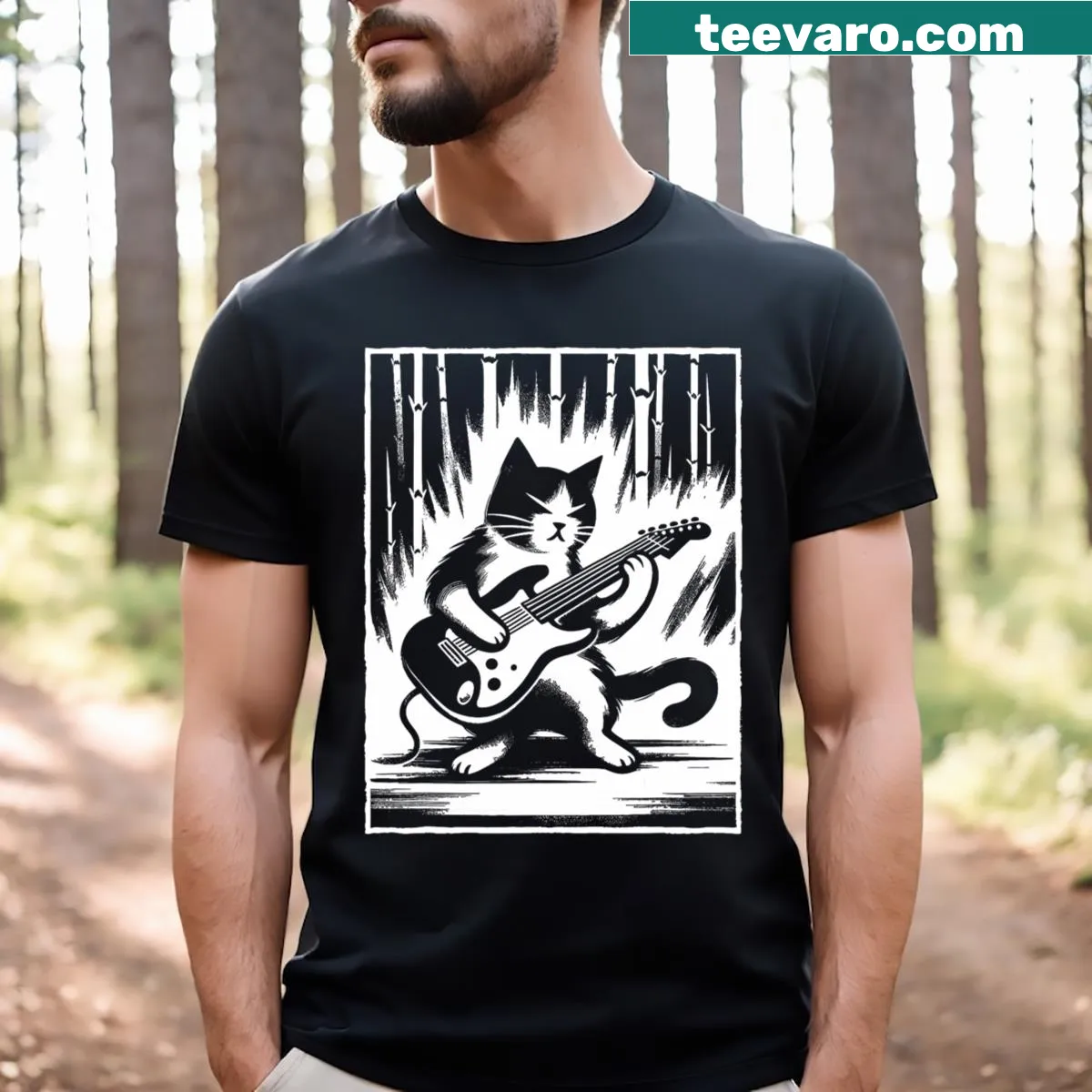 Funny illustration of a cat playing electric guitar on a T-shirt — on a men's t-shirt