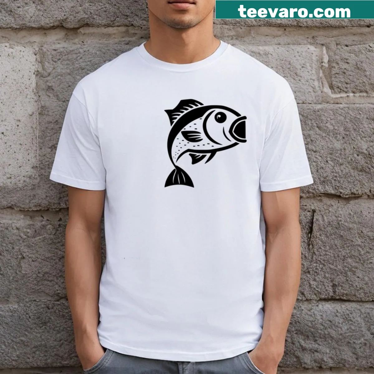 Monochrome silhouette of a fish printed on a minimalist t-shirt — on a men's t-shirt