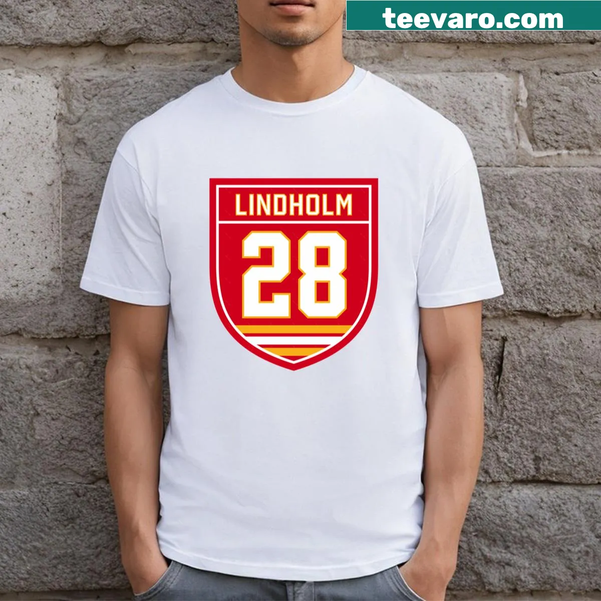 Calgary Flames t-shirt featuring Elias Lindholm's 28 emblem in a bold design — on a men's t-shirt