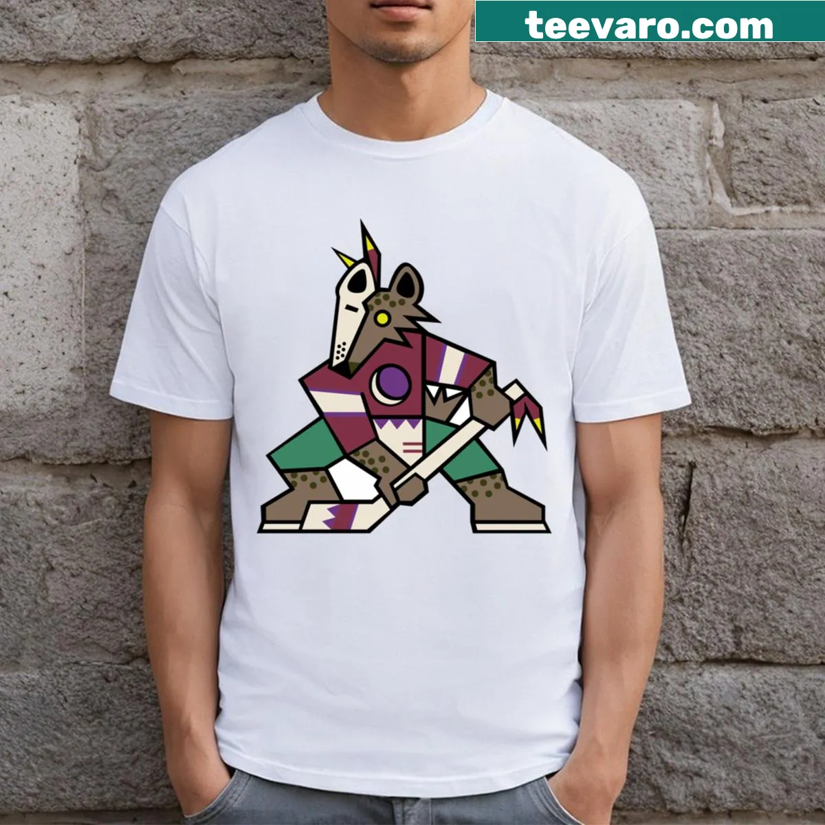Illustration of gnolls playing hockey in a fantasy setting on a T-shirt — on a men's t-shirt