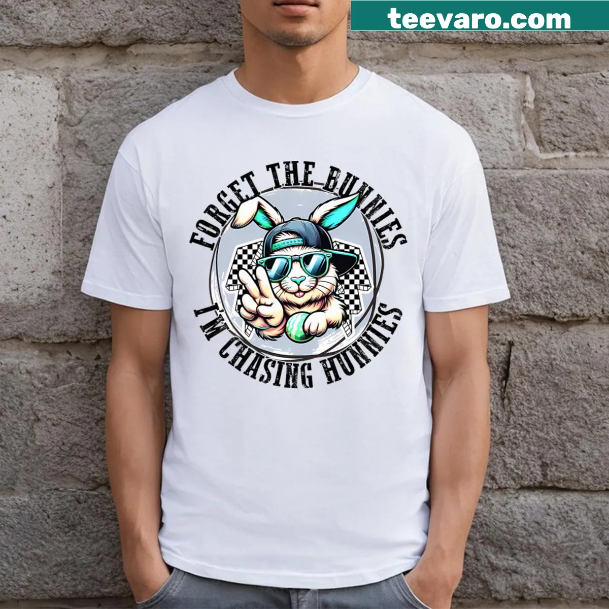 Funny kids t-shirt featuring a cartoon bunny and humorous Easter slogan — on a men's t-shirt