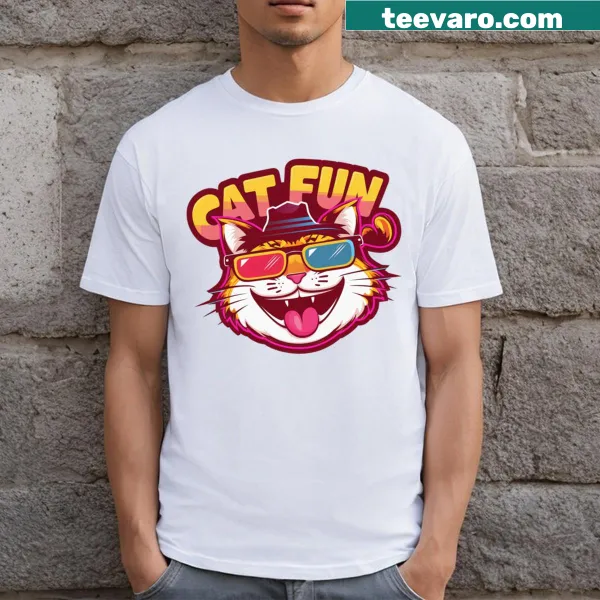 Cartoon graphic T-shirt featuring a playful cat design