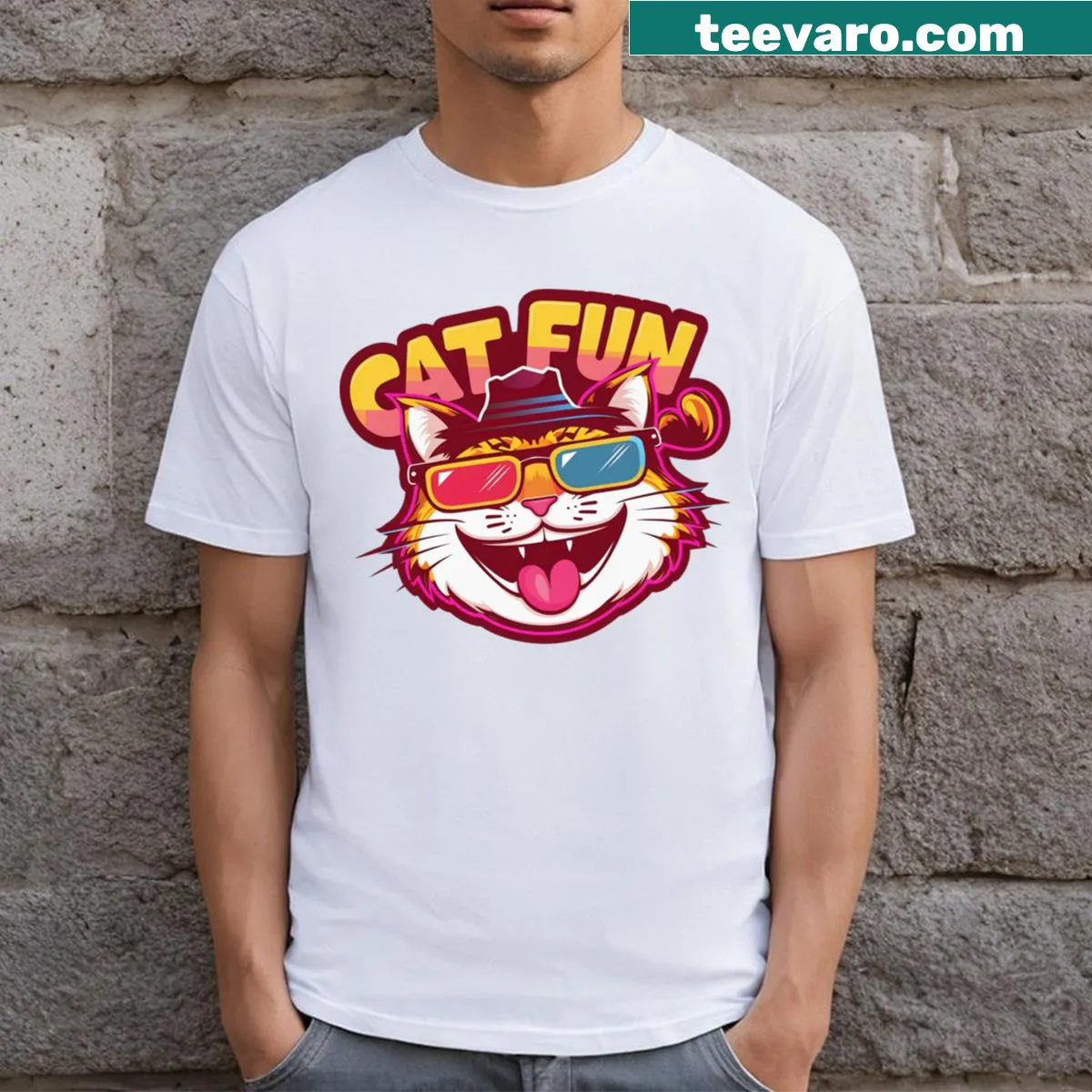 Cartoon graphic T-shirt featuring a playful cat design — on a men's t-shirt