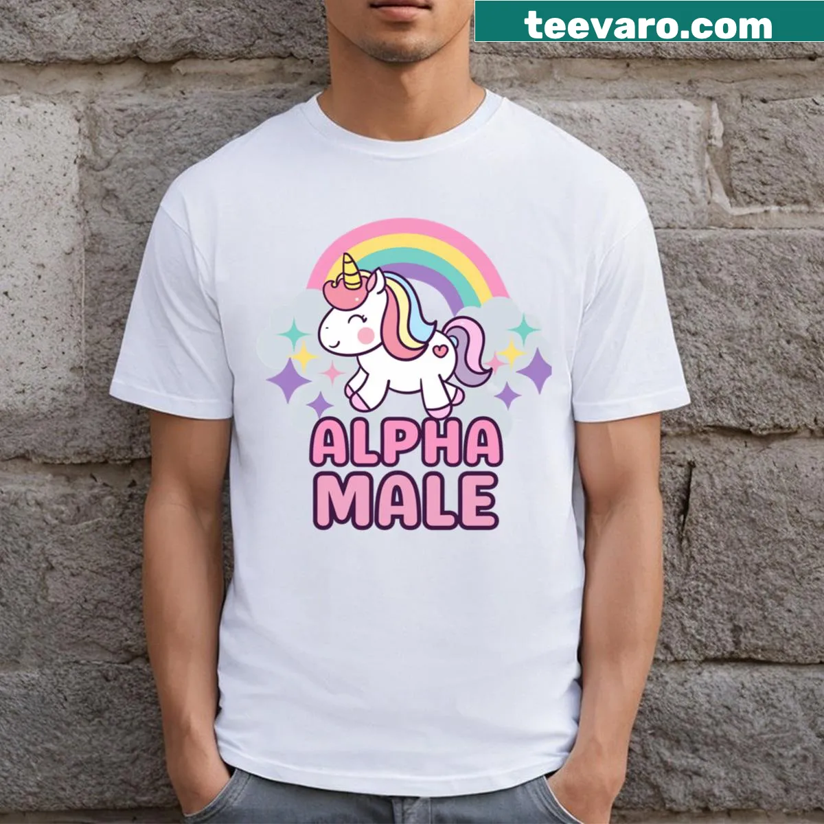 Funny unicorn graphic T-shirt for dads with humorous text — on a men's t-shirt
